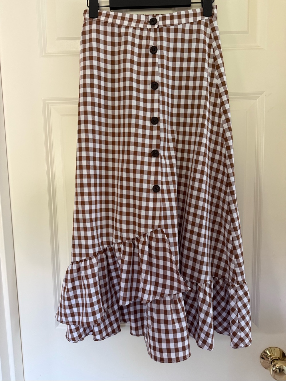 Brown Gingham Button-Front Ruffle Hem Skirt - Women